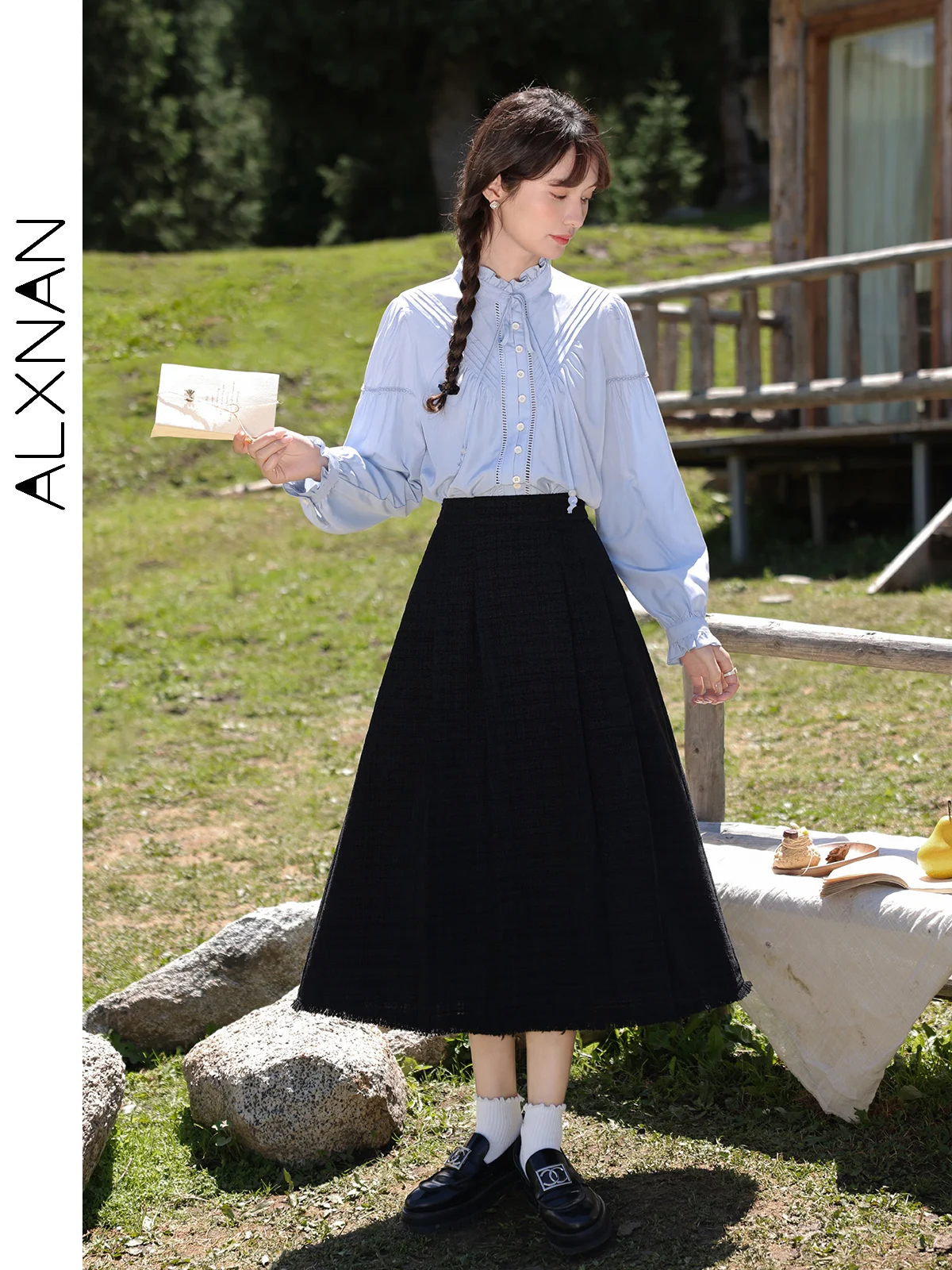 

ALXNAN Women's Tweed Black Skirts 2024 Autumn Winter Trendy A-line Tassel Decoration Midi Skirt Female Basics Clothing L39537BSQ