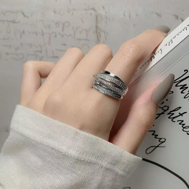 French Luxury Designer Diamond Inlaid Zircon Ring Adjustable Multi-Layer Shiny Heavy Industry Style