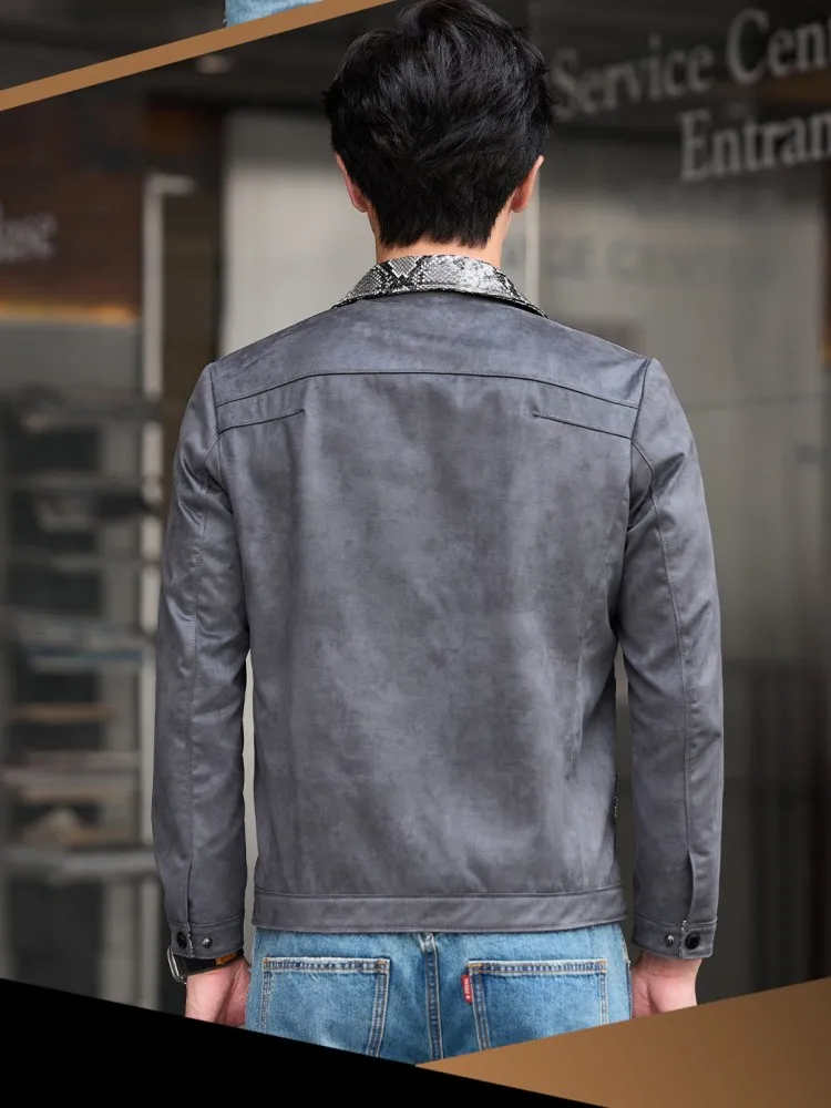 High Quality Mens Slim Sheepskin Spliced Suede Jacket Male Leather Snakeskin Pattern Jackets Single Breasted Lapel Collar Coat