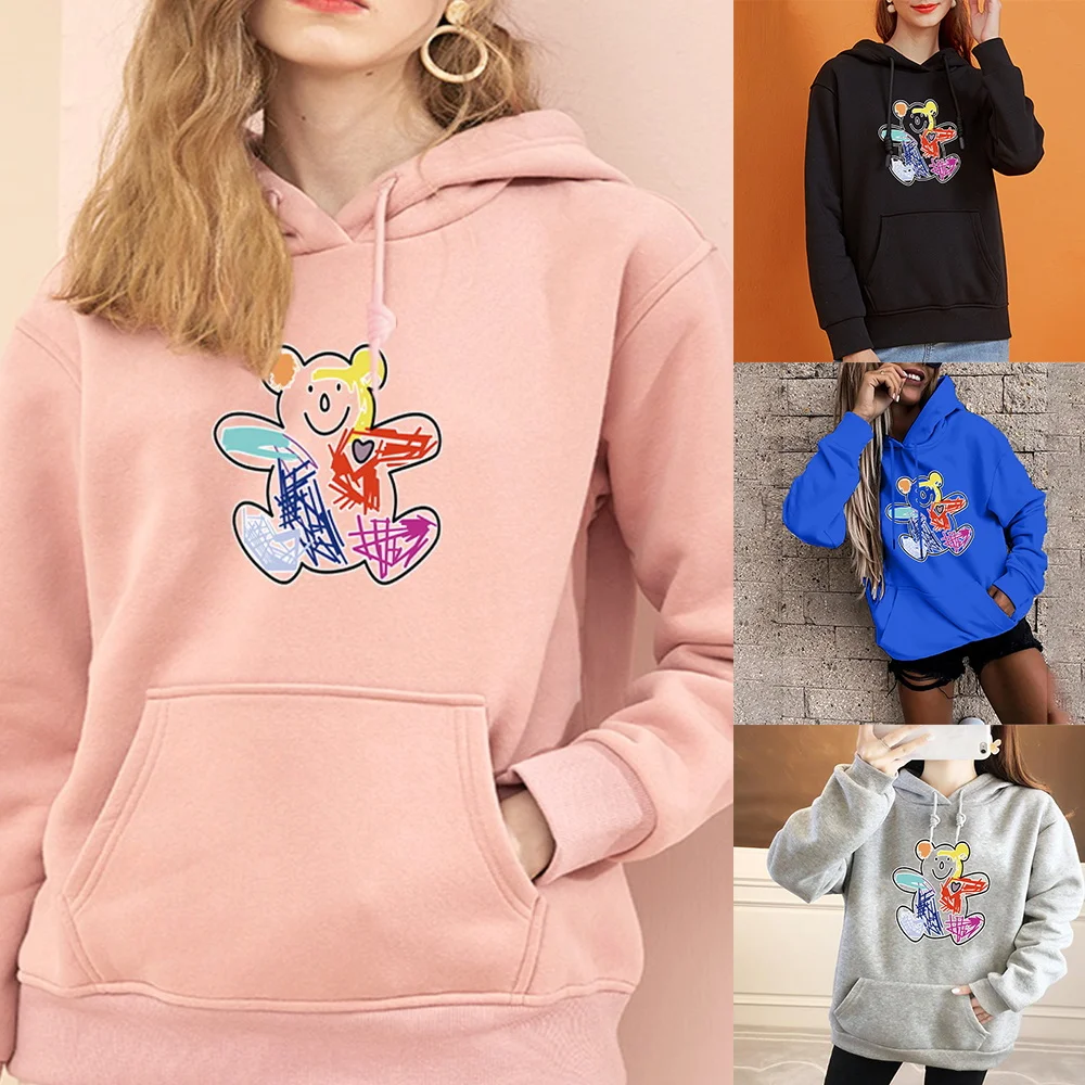 2022 hoodie moda feminina de manga comprida bonito urso imprimir topo solto bolso moletom meninas roupas wear pulôver esportes hoodies