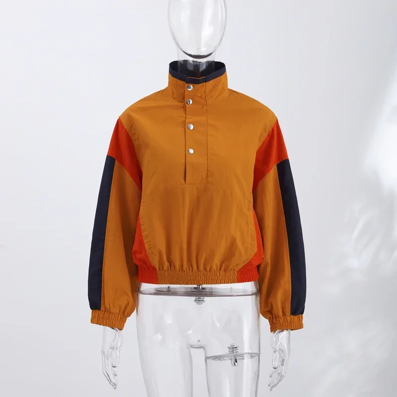 2026 Herbst Damenjacke mit Kontrastfarbenen Langen Ärmeln, Taschen und Knöpfen, Elegantes Damen-Oberteil, Modischer Pendler-Mantel für Frühling – Detail 1