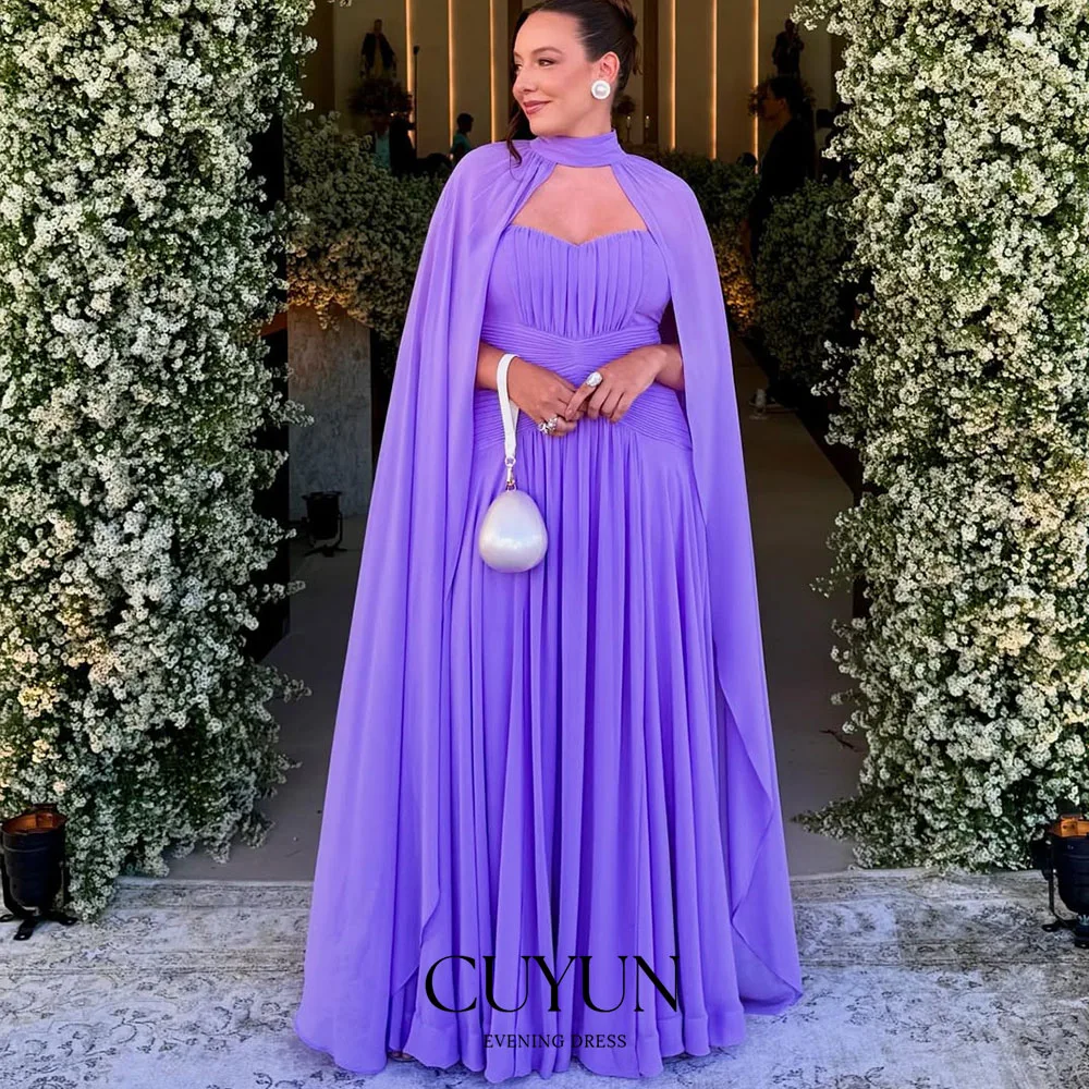 

CUYUN Индивидуальный пошив: Новое фиолетовое вечернее платье 2026 года, простое, с рукавами-накидкой из шифона, А-силуэт, драпированное, длинное, для гостей на свадьбу