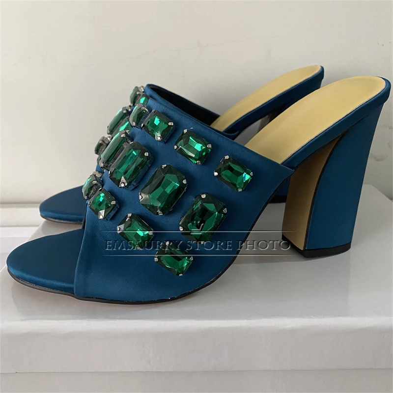 Quality Rhinestone Diamond Decor Summer Mules Luxury Satin Chunky Heel Slingbacks Outwear Sandals Women 2024