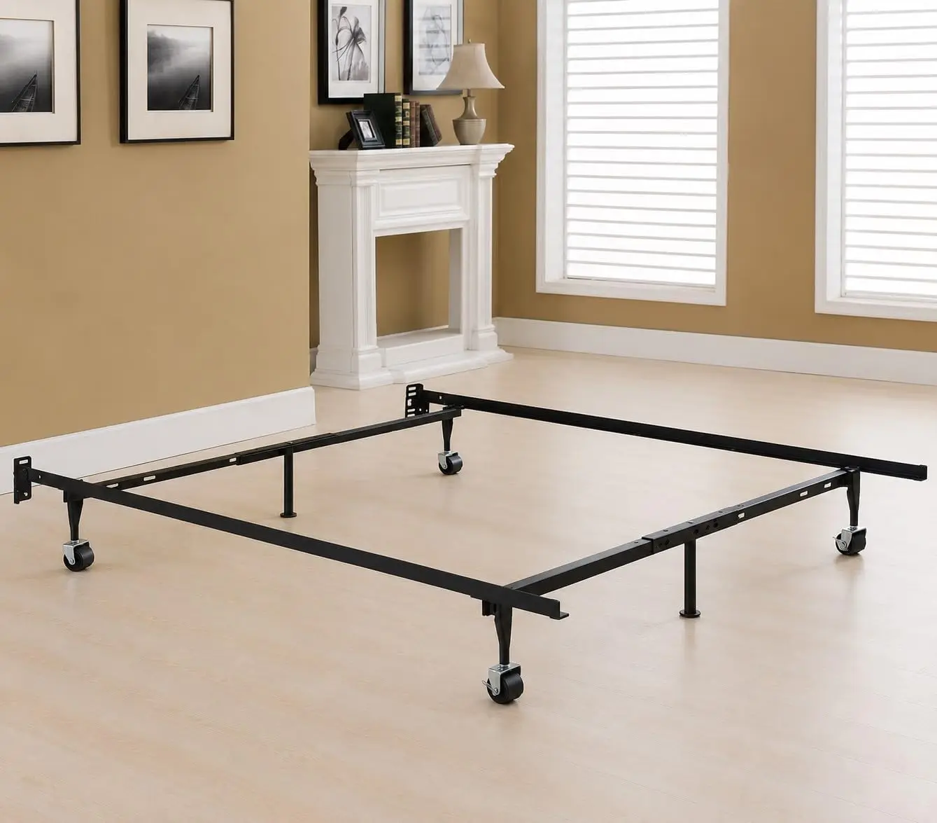 Adjustable Metal Bed Frame with Locking Wheels, Fits Twin, Twin XL, Full, Full XL & Queen Mattresses, 6-Leg Heavy-Duty Steel Support, Headboard Compatible, Black