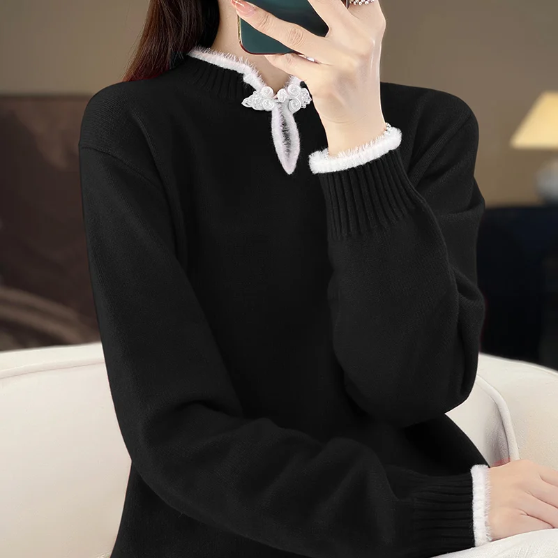 Autumn Winter Women New Wool Blend Sweater Chinese Style Standing Collar Pullover Bottoming Shirt Casual Warm Knitting Tops