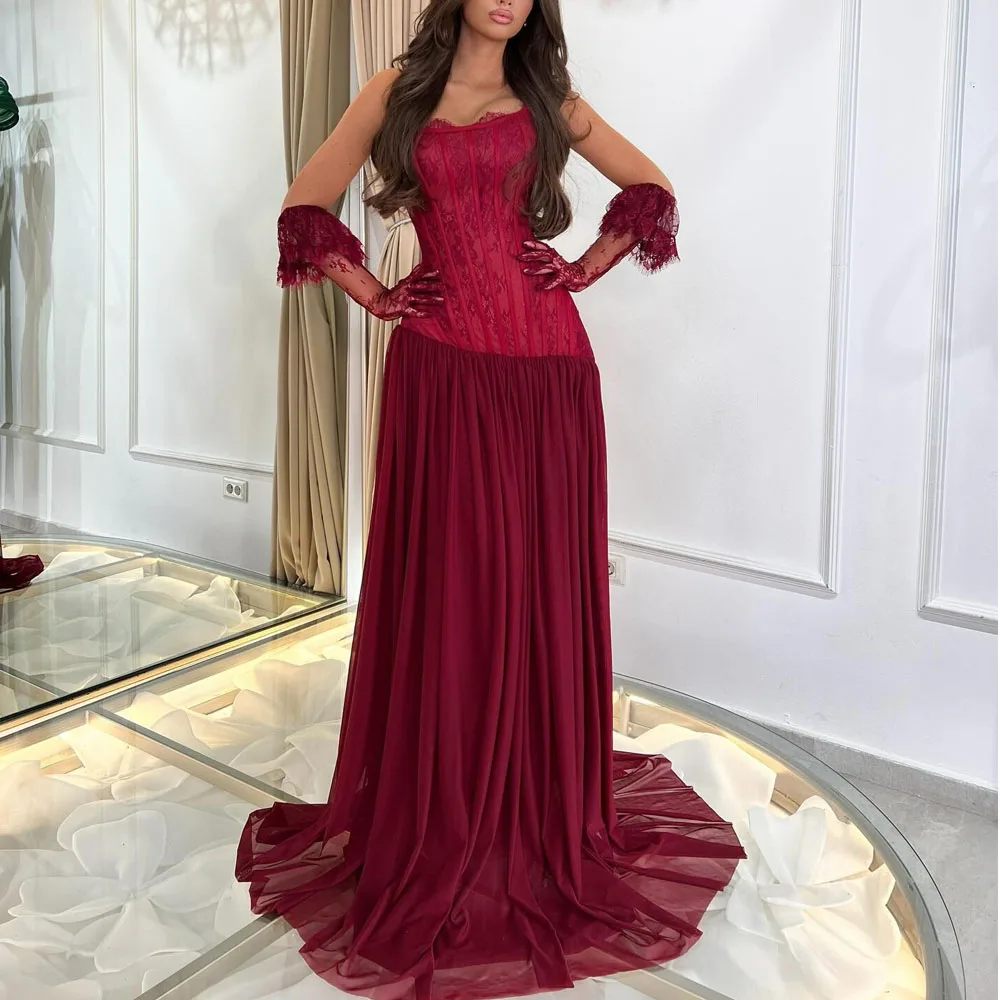 

Customized Burgundy Chiffon and Lace Evening Dress with Glove Strapless Corset Formal Prom Gown Draped Long Maxi Dress