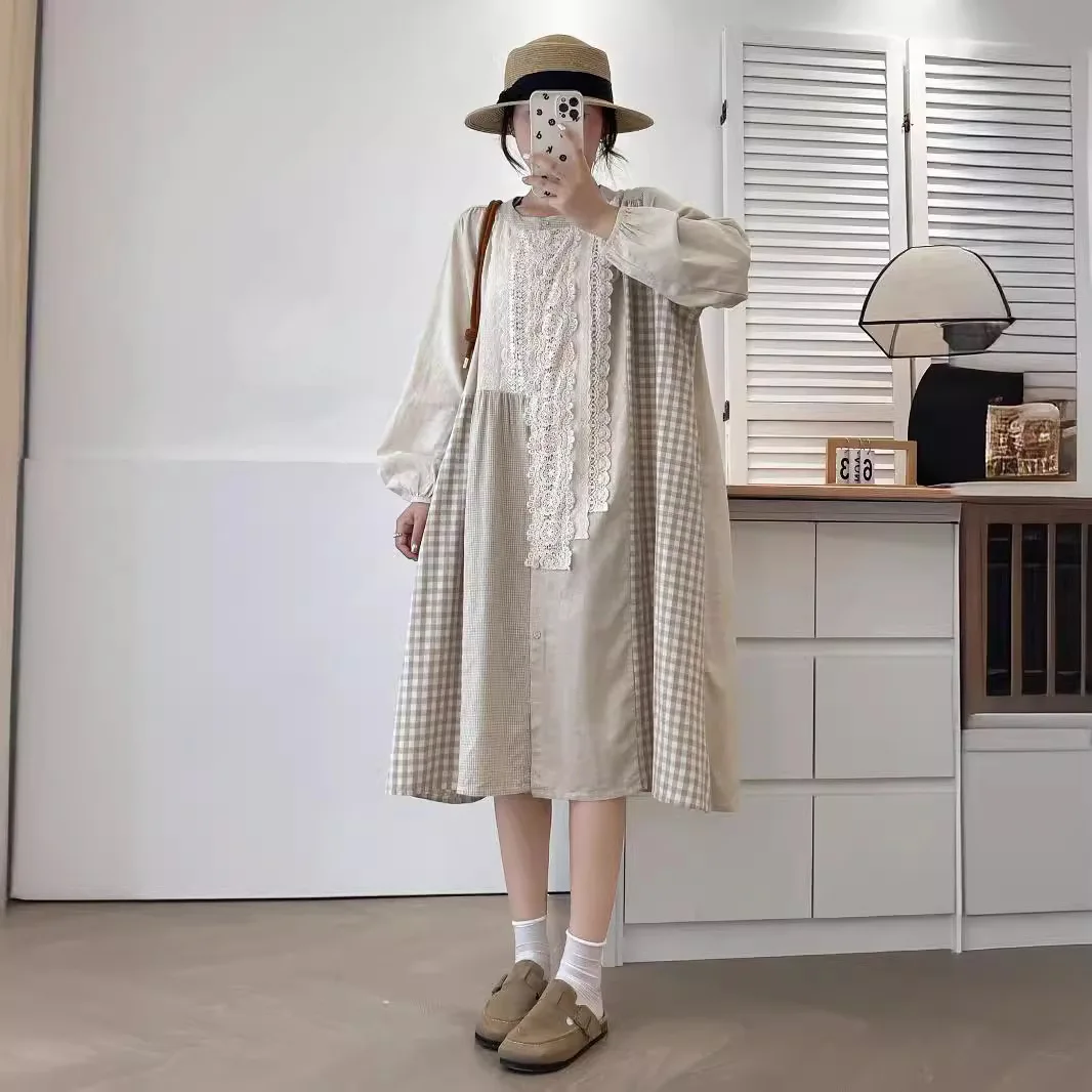 

[Ready Stock] High Quality Women 100% Cotton Dress Lace Splicing Long Sleeve Literary Crew Neck Single Breasted Loose Dresses