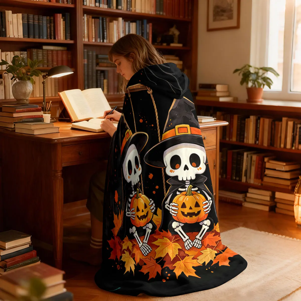 1pc Halloween skeleton wizard holding a pumpkin hat blanket flannel hoodie wearable cape blanket soft and casual blanket