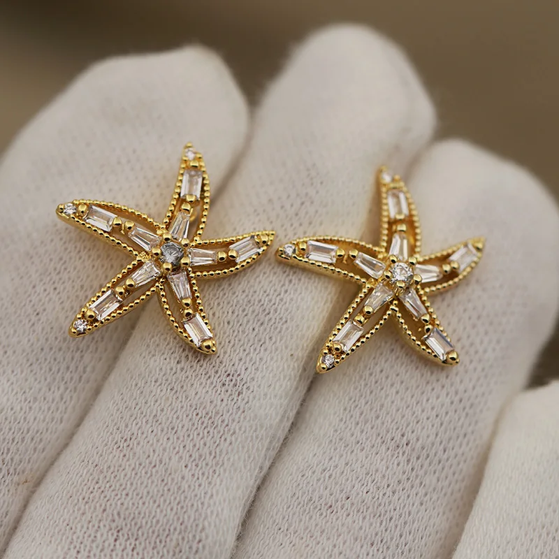 New Sight Design Zirconia Star Stud Earrings for Women Fashion Brand Brand Jewelry Hollow Starfish Earrings