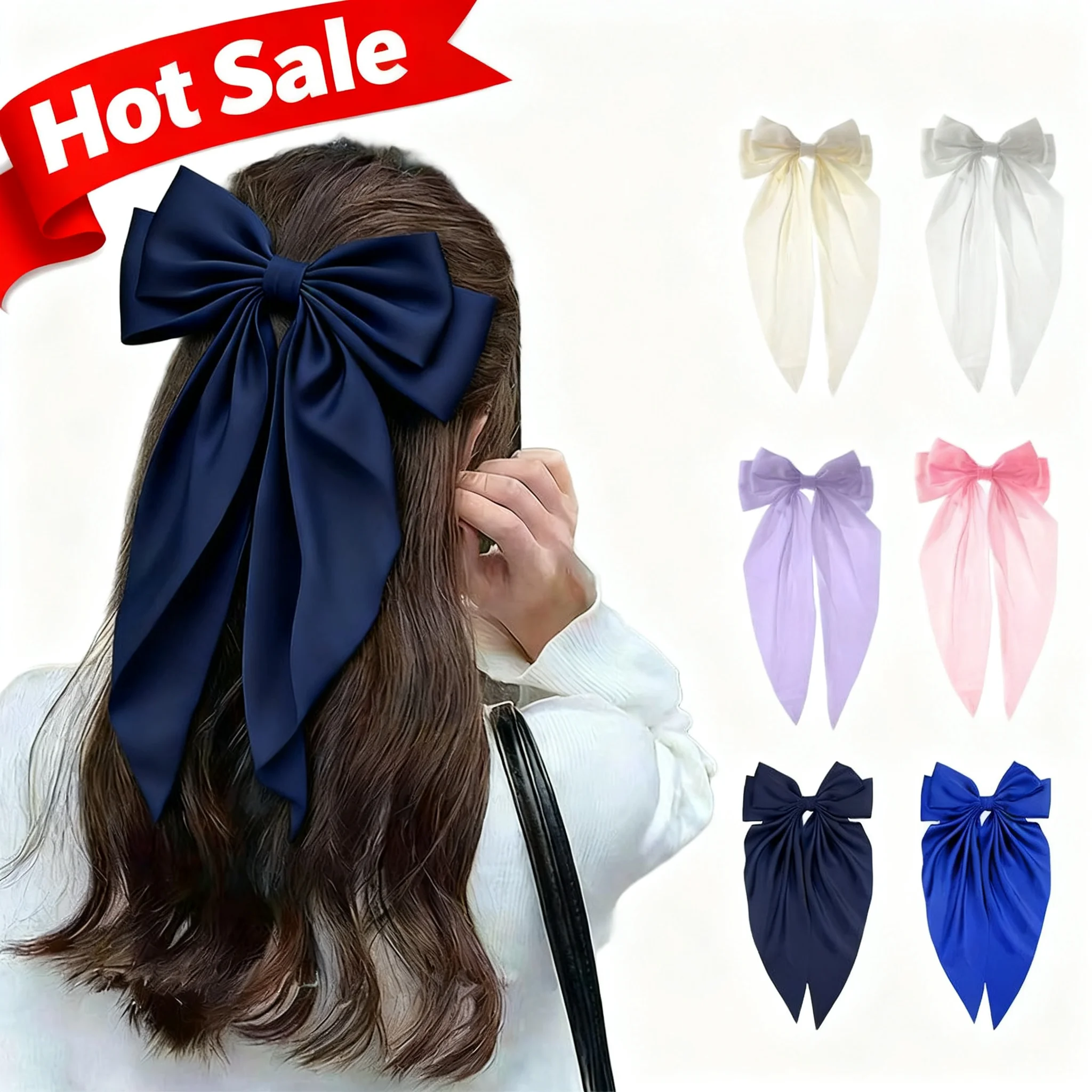 

Атласные банты для волос, заколки для женщин, длинные ленты на хвосте, классические розовые, черные, бордовые, темно-синие, белые, стильные аксессуары для волос на каждый день