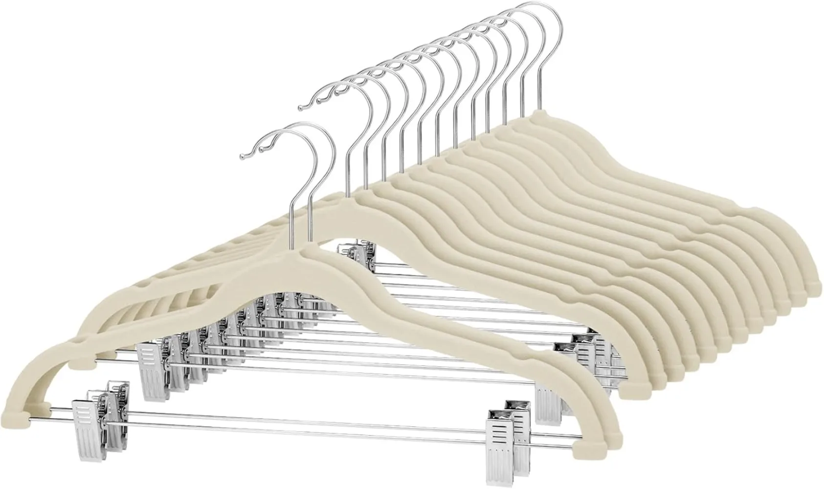 

24 Velvet Skirt Hangers w/ Clips, Ultra Thin, Non-Slip. Space-saving for Trousers, Skirts, Jeans, Dresses. Beige.