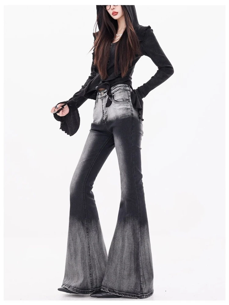 Women's Gradient Design Fishtail Flared Pants Cool Girl Street Straight Bottoms Wide Legs Jeans Female High Waisted Trousers