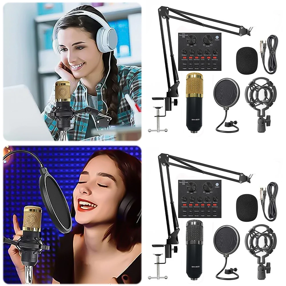 Podcast Equipment Bundle Audio Interface V8 Live Sound Card & BM-800 Condenser Microphone for Recording/Live Streaming