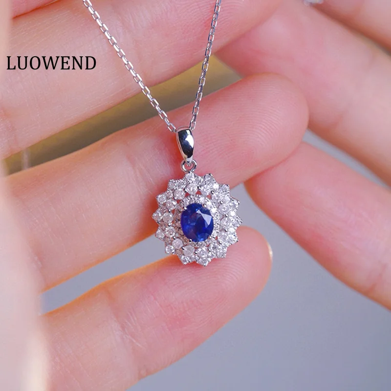 LUOWEND 100% 18K White Gold Necklace Luxury Diamond Jewelry Natural Sapphire Necklace for Women Romantic Style Wedding Jewelry