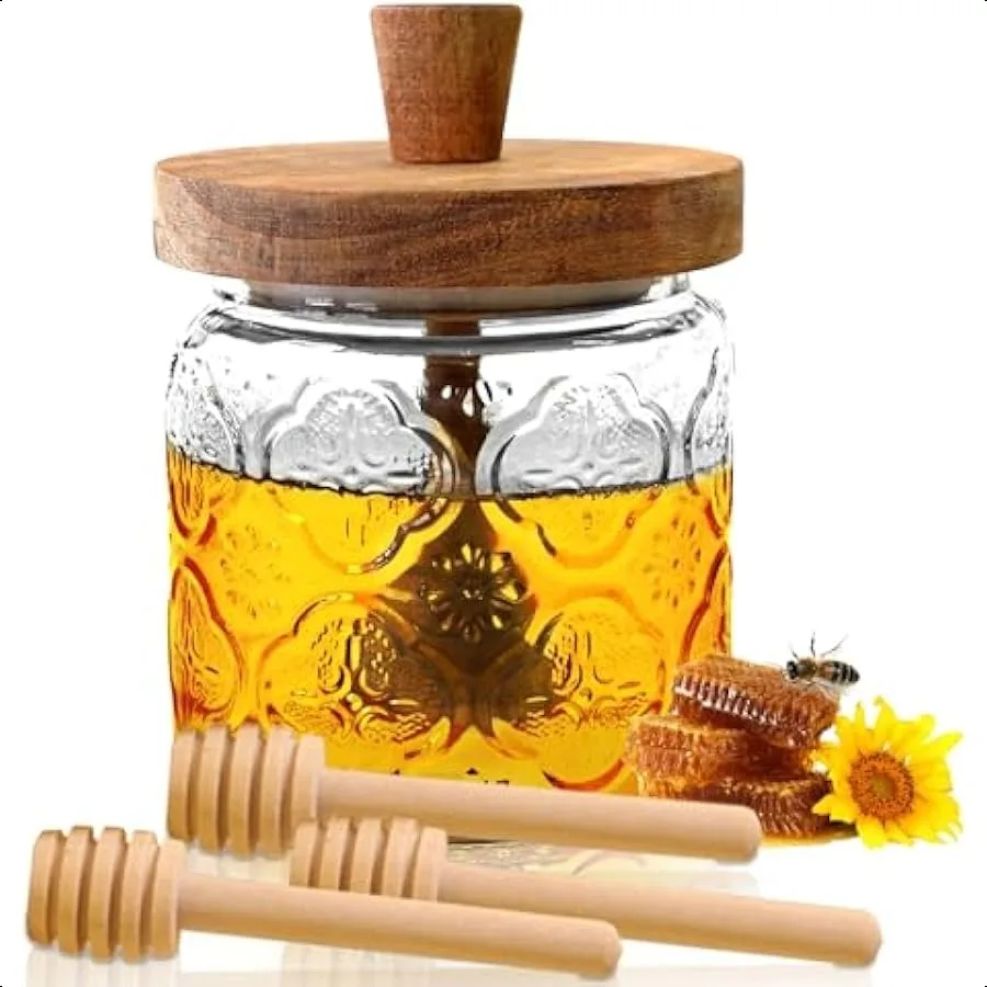 

Стеклянный дозатор меда без капель с 3 деревянными ковшочками Большая стеклянная банка для меда на 18 унций с крышкой и гравировкой набора банок для меда Ho