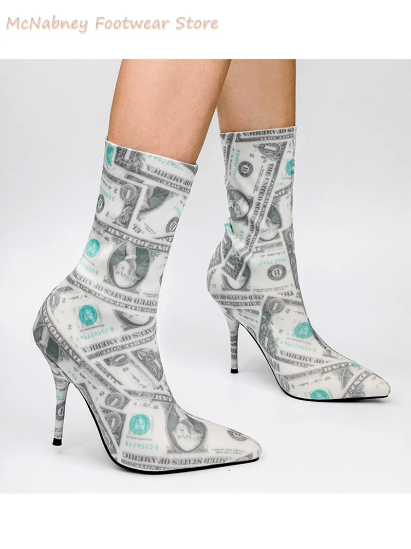 

Sexy Pointed Toe Dollar Color Runway Style Women's Ankle Boots Stilettos Slimming And Elastic Over-The-Knee Boots Handmade