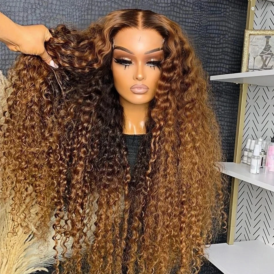 

4/27 Highlight Ombre Blonde Brown 13x4 Curly Wigs Human Hair Deep Wave High Density Water Wave Brazilian Human Wigs For Women