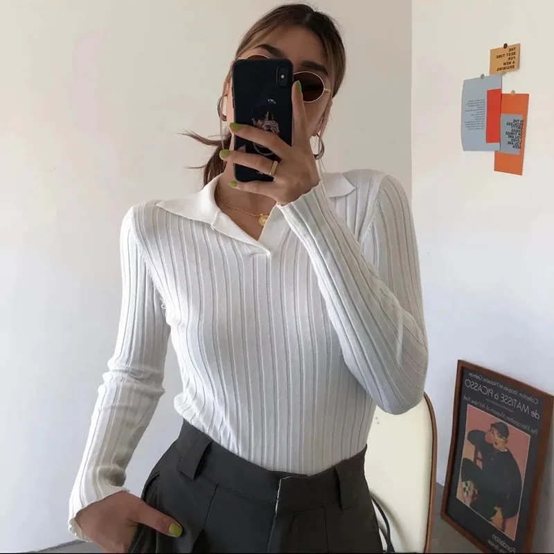 Hdspq Korean Style Polo Collar Women Sweater Female Long Sleeve Top Casual Pullover Knitted Sweaters Fall Clothes