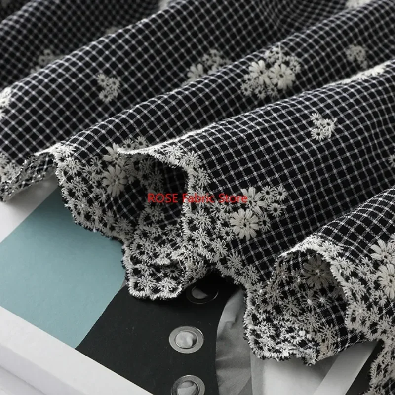 Floral Embroidered Black white Plaid Cotton Fabric for skirts, Gown, dress, tops, table cover, costumes design,Bridal Dress