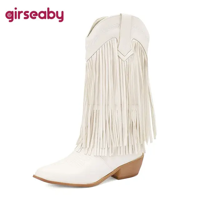 Girseaby-Botas de vaquero occidental con flecos para mujer, Bota bordada de talla grande 46 47 48, hasta la rodilla, tacones de bloque con punta estrecha, 4,5 cm