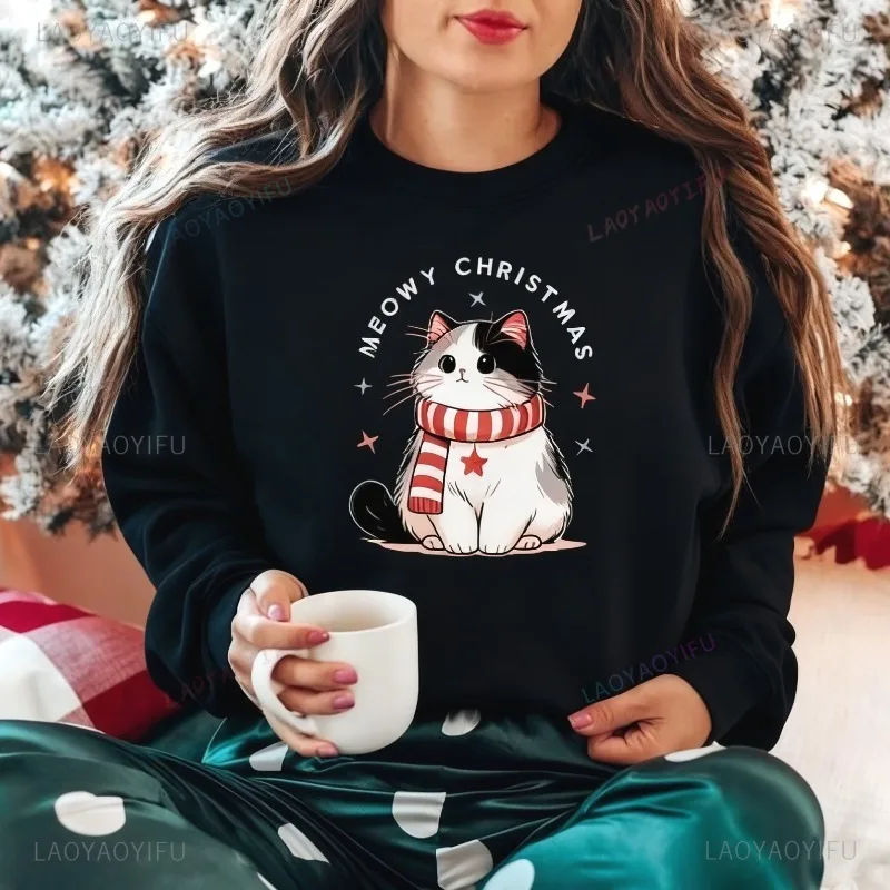 Meowy Christmas Sweatshirt Cat Lover Xmas Gift Funny Pattern Hoodie Meowy Christmas Women Pullover Personalized Clothing