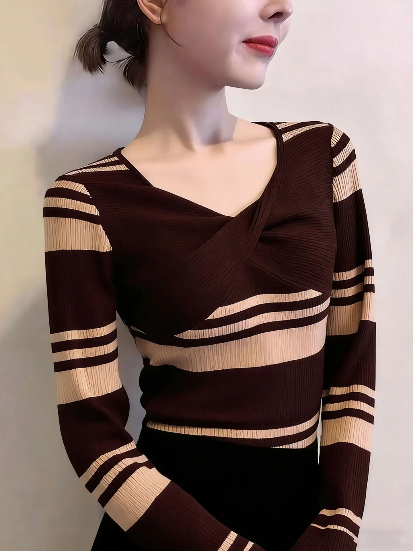 

Design Sensation Color Blo Stripe Knot Long Sve Camere Knitted Sweater Winter Slim Fit Inner Wear Base irt Top Women