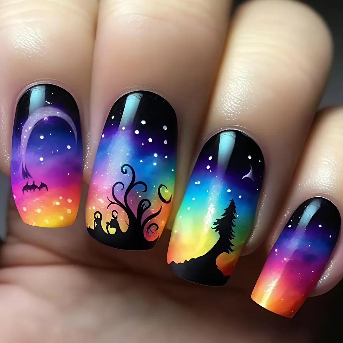 24pcs/set Medium fake nails Y2K starry sunset gradient blue 