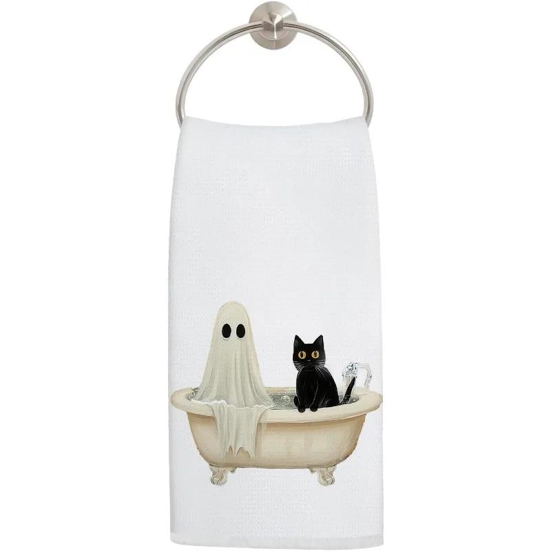 1, Halloween ghost black cat towel, Halloween decorations, creepy black cat decorative towel