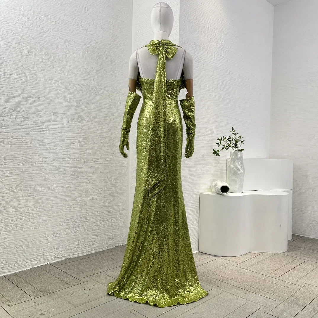 Robe maxi dos nu à paillettes vertes pour dames, manches longues découpées, fente latérale, mode élégante, haute qualité, sexy, nouveau, 2024