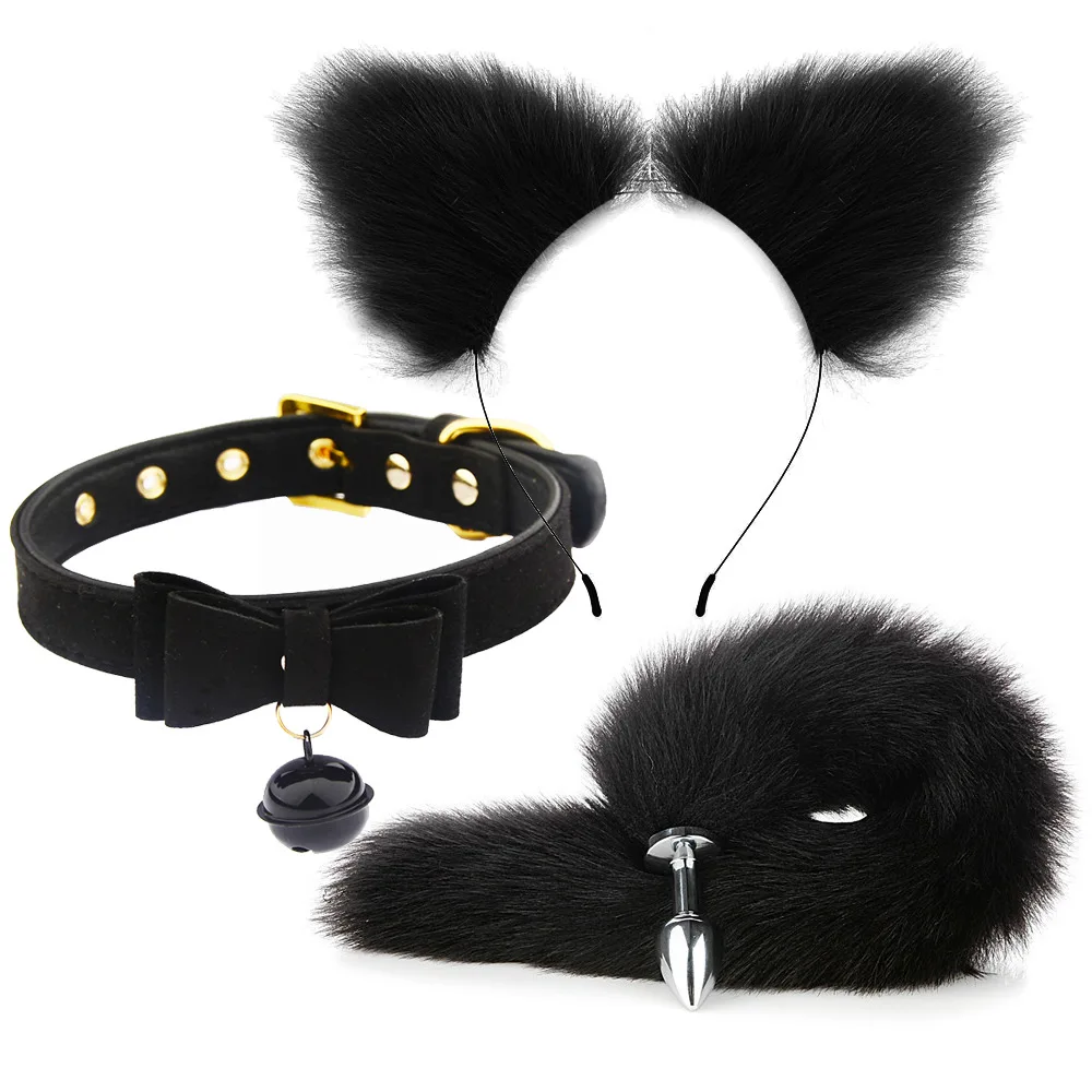 Cute Fox Tail Anal Plug Bow-Knot Soft Cat Ears Headbands Collar Erotic Cosplay Couples Accessories SM Sex Toys for Female Male