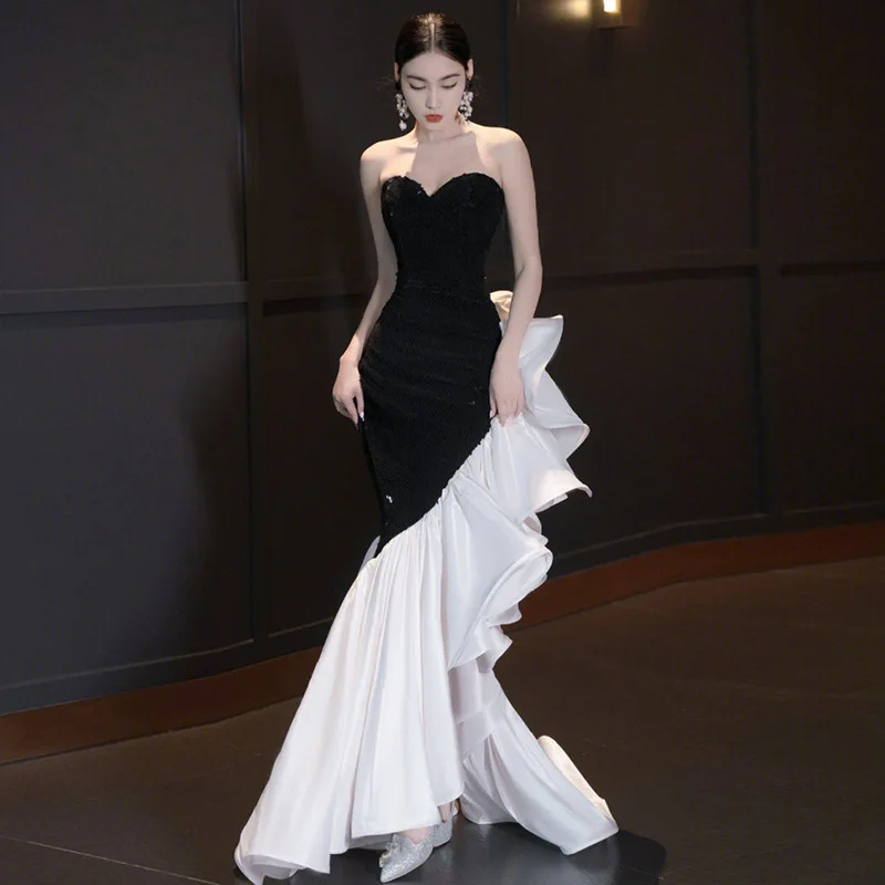 

Slash Neck Chinese Wedding Qipao Exquisite Pleated Off Shoulder Dress Gown Sexy Long Choengsam Black Mermaid Patchwork Vestido