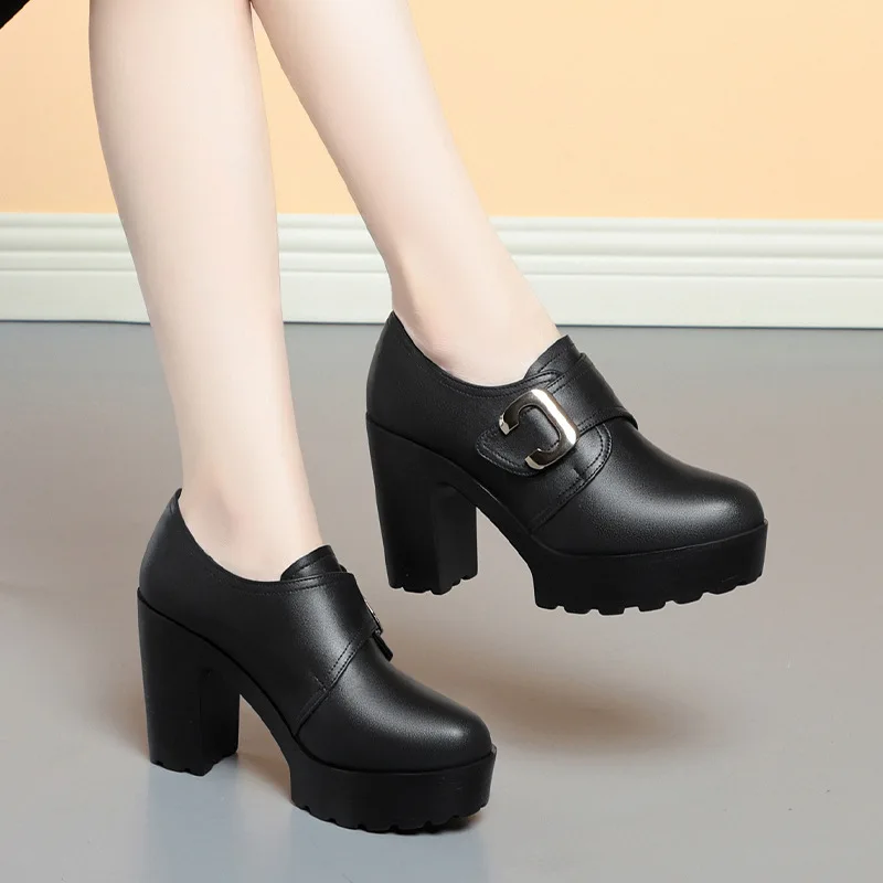 British Style Deep Mouth Soft Leather Chunky Shoes 2024 Spring Block High Heels Shoes Women Oxfords For Office Grace Mode