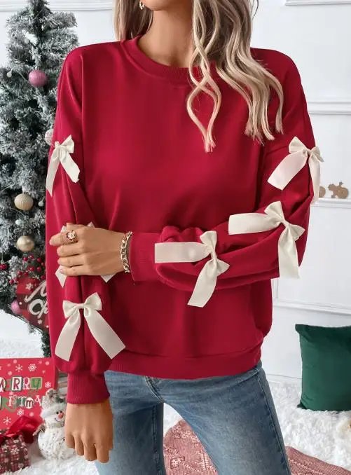 

Women's Top New Spring and Autumn Style Fresh Sweet Butterfly Bow Sticker Design Solid Color Round Neck Long Sleeve Loose Top