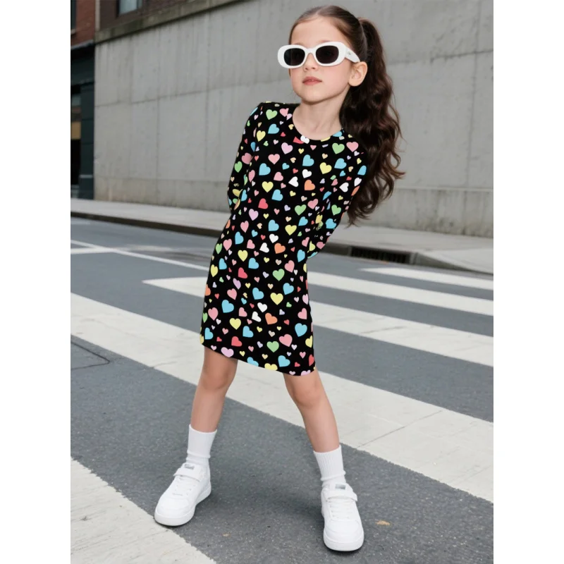Girls Long Sleeve Bodycon Dress with Colorful Heart Print Black Casual Trendy Streetwear Party Outfit for Kids