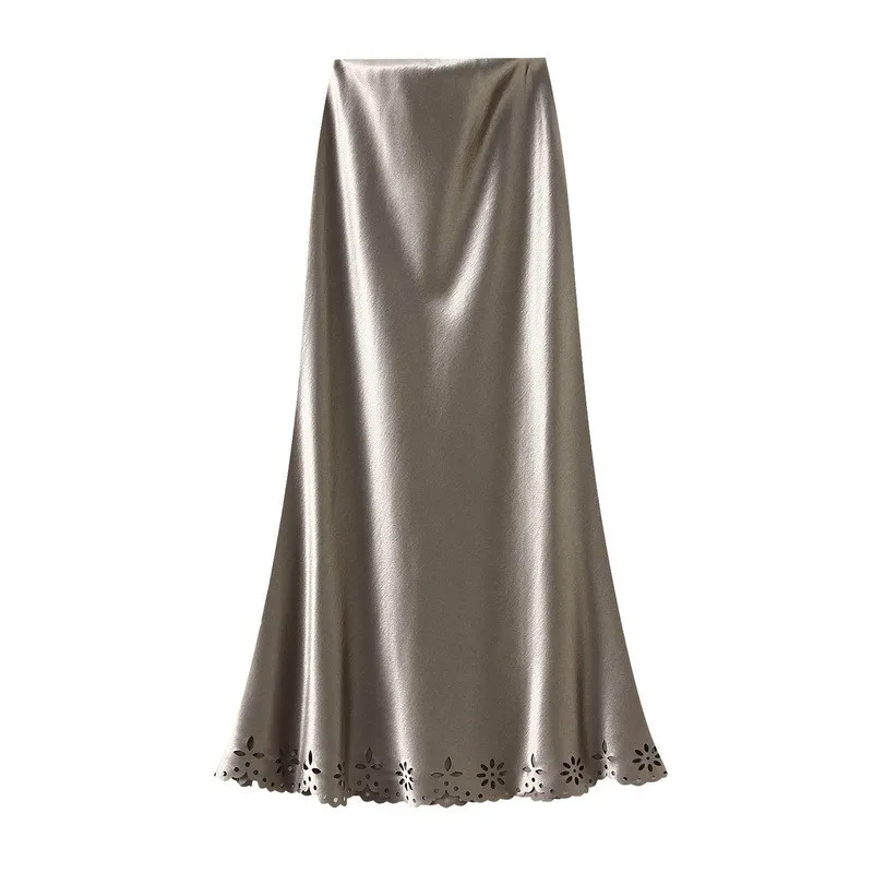 Hollowed-out Hook Pattern Flowing Light Imitation Acetate Satin Fishtail A-line Skirt For Women