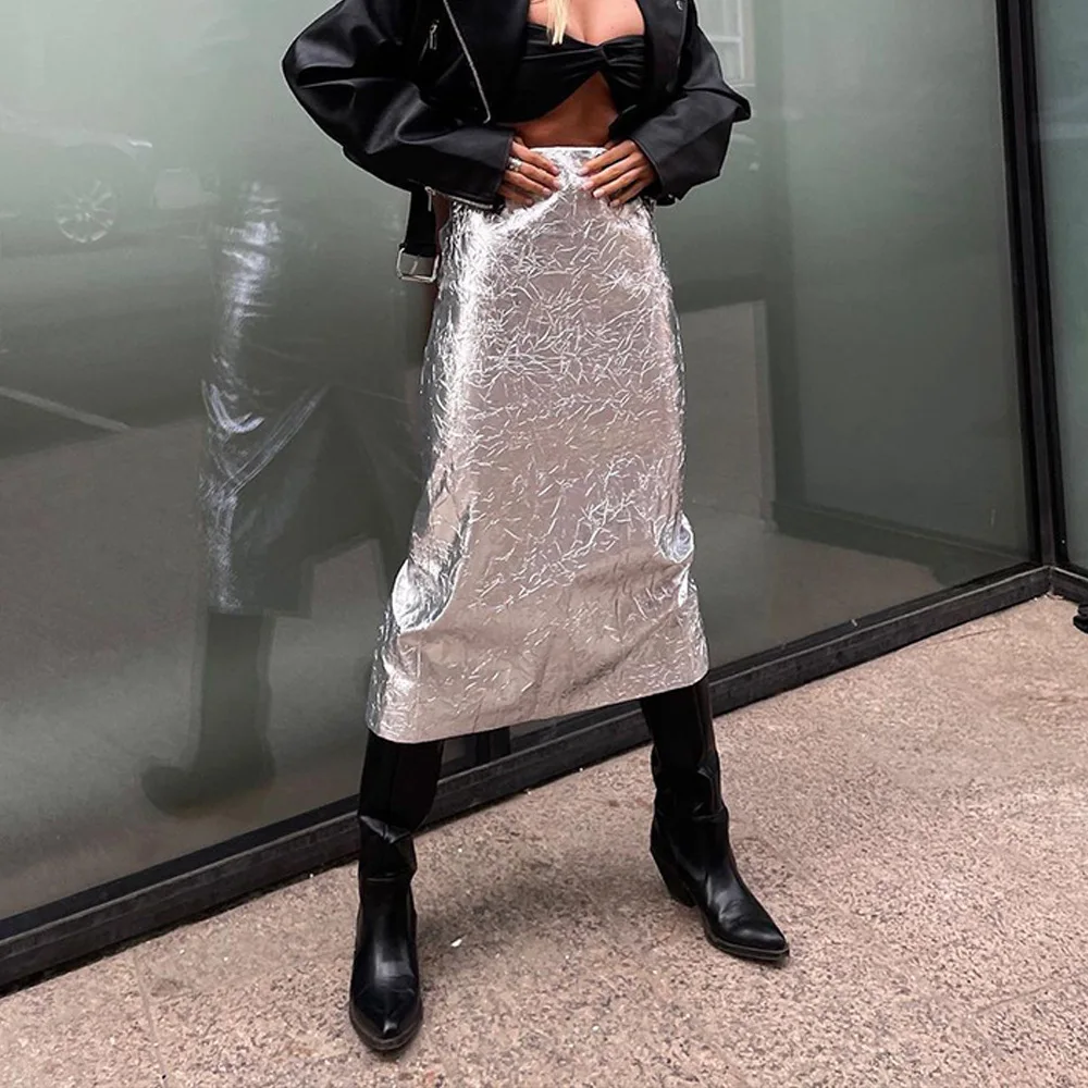 

2025 European and American autumn and winter metallic pleated split mid skirt with hip wrap