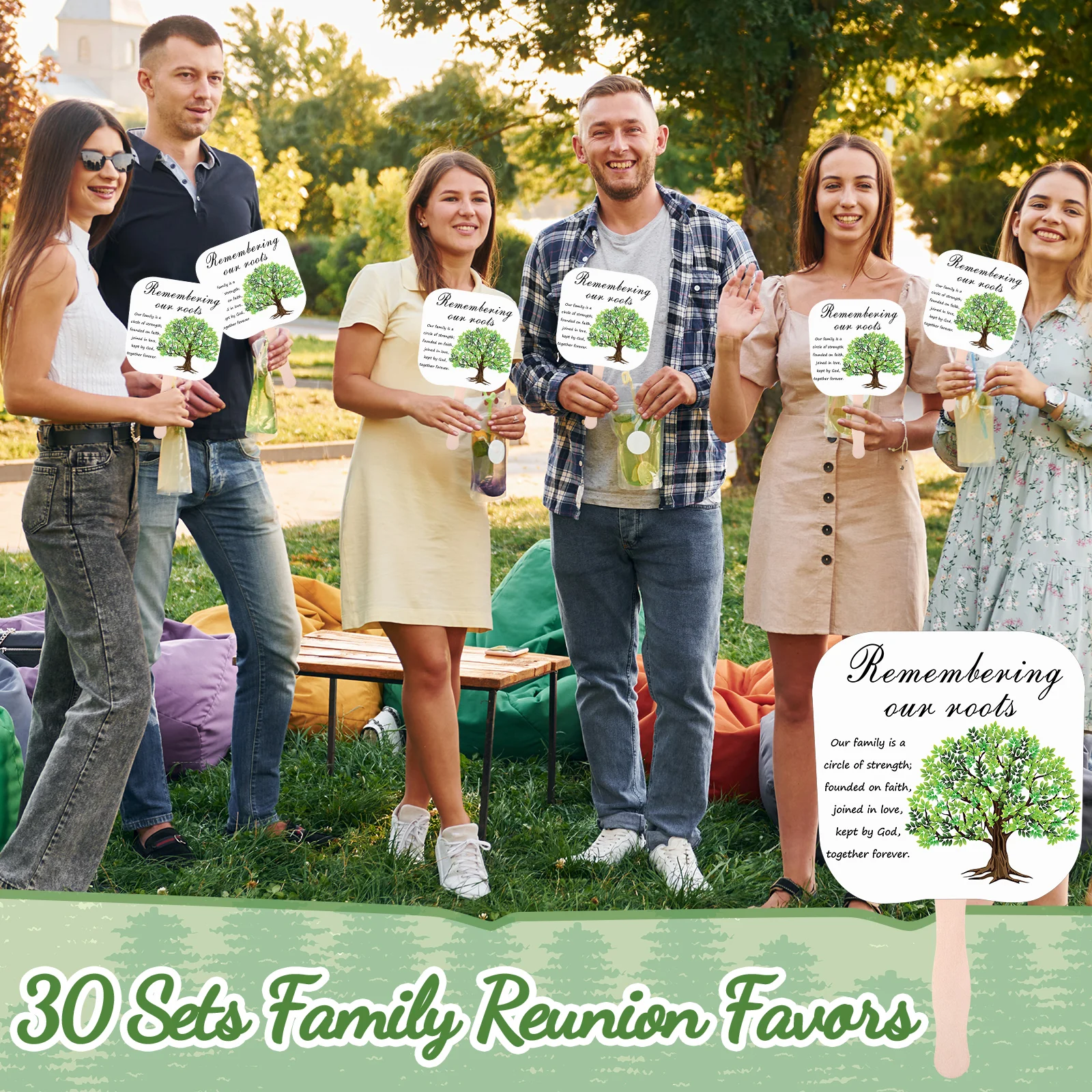 New 30 Pcs Family Reunion Fans Remembering Our Roots Handheld Paper Fan With Wooden Handle Tree Gathering Party Favors Bulk F