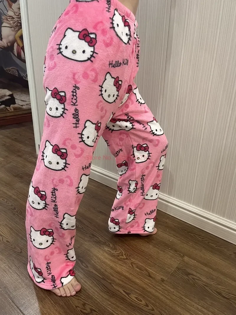 New Sanrio Hello Kitty Pajamas Halloween Flannel Fashion Trouserswomen Kawaii Woolen Anime Cartoon Casual Home Pants Winter