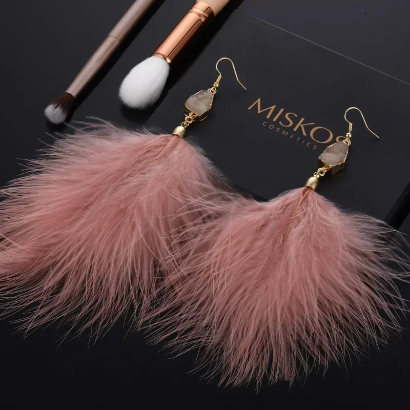 Winter Long Crystal Pink Feather Earrings Large Plush Pendant Tassel Drop Earrings for Women 2023 Trendy Boho Wedding Jewelry