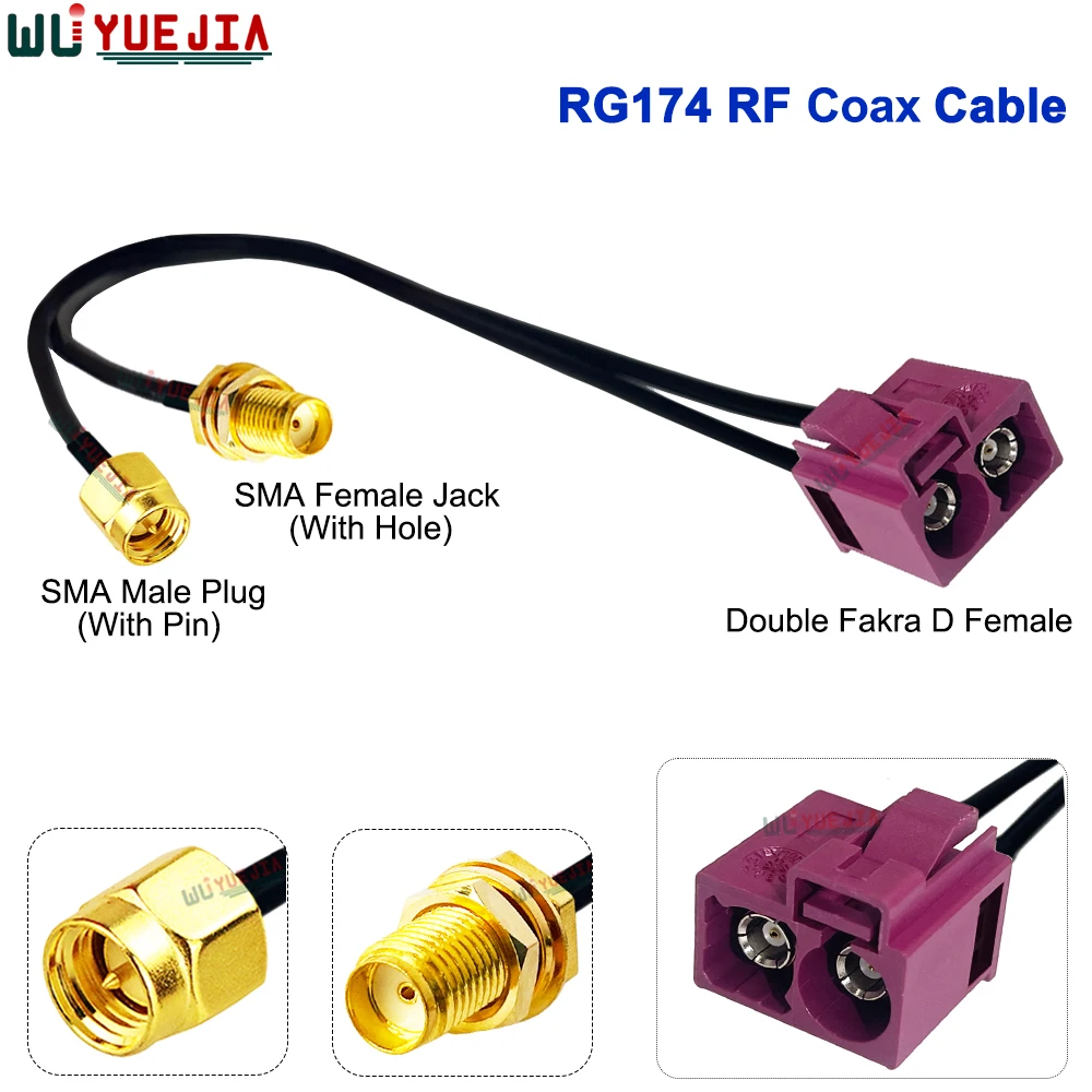 RG-174 Double Fakra D Female to SMA Male Pin + RP-SMA Female Hole 50 Ohm RF Connector Coaxial Cable WIFI Antenna Jumper Pigtail