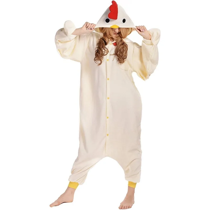 

White Chicken Jumpsuit Cosplay Costume Pyjamas Warm Fuzzy Animals Bodysuit Cute Hooded Nightgown for Women Men Theme Party