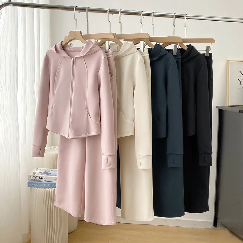 

Slimming Waist Casual Set Spring New Style European Fashion Hooded Top High Waist Pants Two Piece Set Women's Spring Fashion