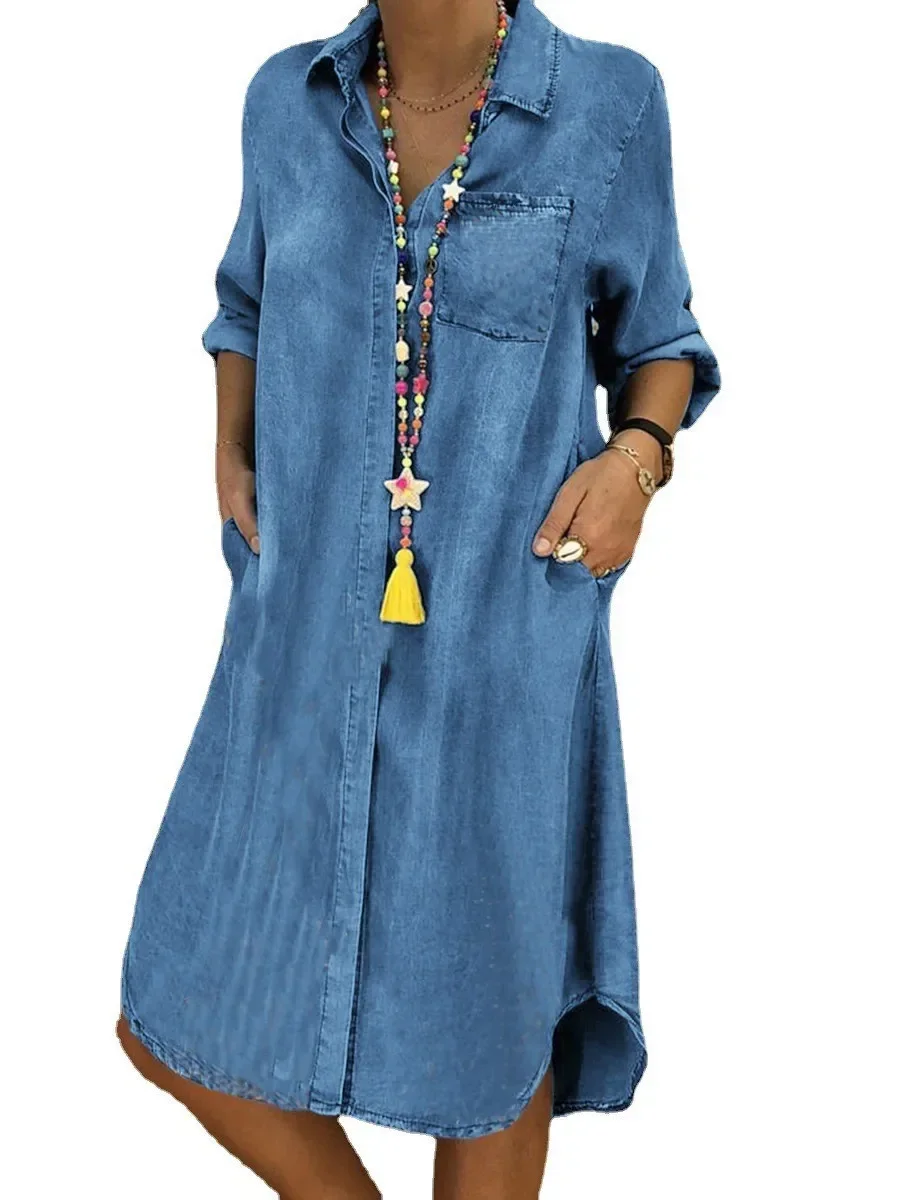 Camicia lunga Abito in denim Donna Manica lunga Resses Tempo libero Colletto rovesciato Tasca Solido Lungo Donna Donna Mini Abiti Largos