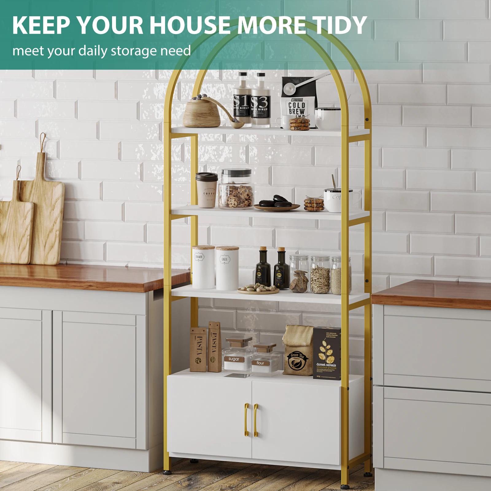 Modern Tall Arched Bookshelf with Hidden Cabinet   4 Open Display Shelves and Storage  71.5 Inch Freestanding Bookcase for Living Room  Office  Bedroom