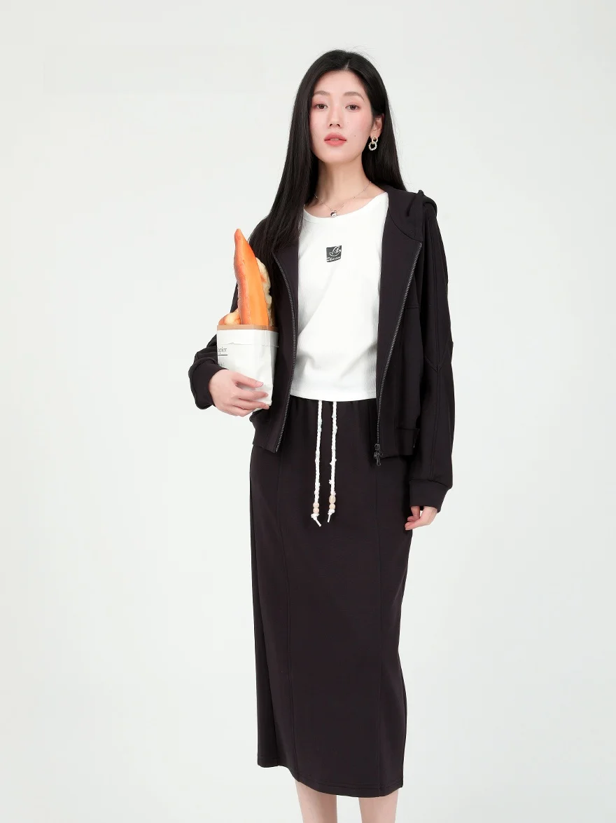 

Dailanzhi 2026 Spring New Zipper Hooded Jacket Skirt Set Casual Two-Piece Women's Fashion Ensemble Long Sleeve Hat Included