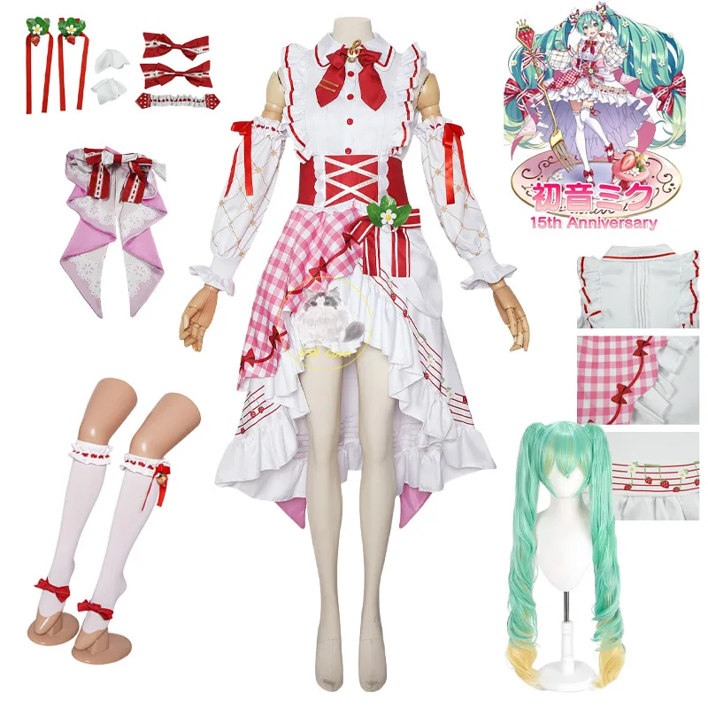 Bilibili Anime Strawberry Miku Cosplay Strawberry 15th Anniversary Pink Lovely Lolita Kleid Perücke Halloween Kleidung für Frauen