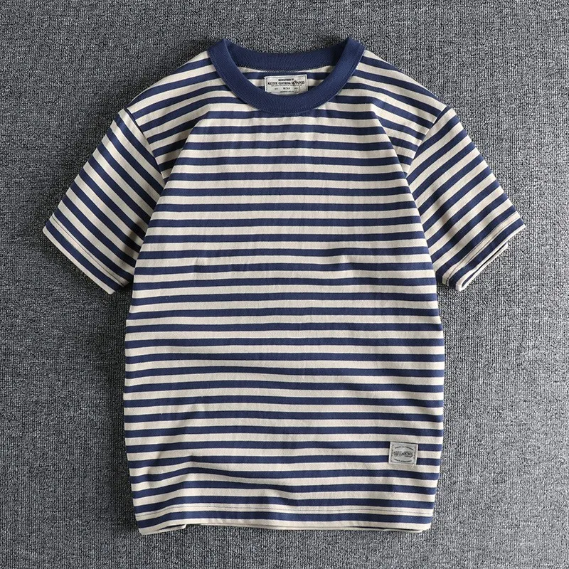 Vintage Sailor\'s Striped T Shirts for Men Summer Half Sleeve 250GSM Heavy 100% Cotton Washed T-shirt for Youth Male Tees Tops