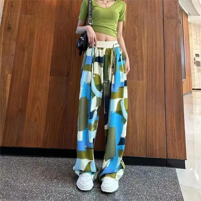 2024 Summer New Women's Printed Korean Beachy Loose Elasticized High-waisted Drawstring Fashion Straight Casual Wide Leg Pants