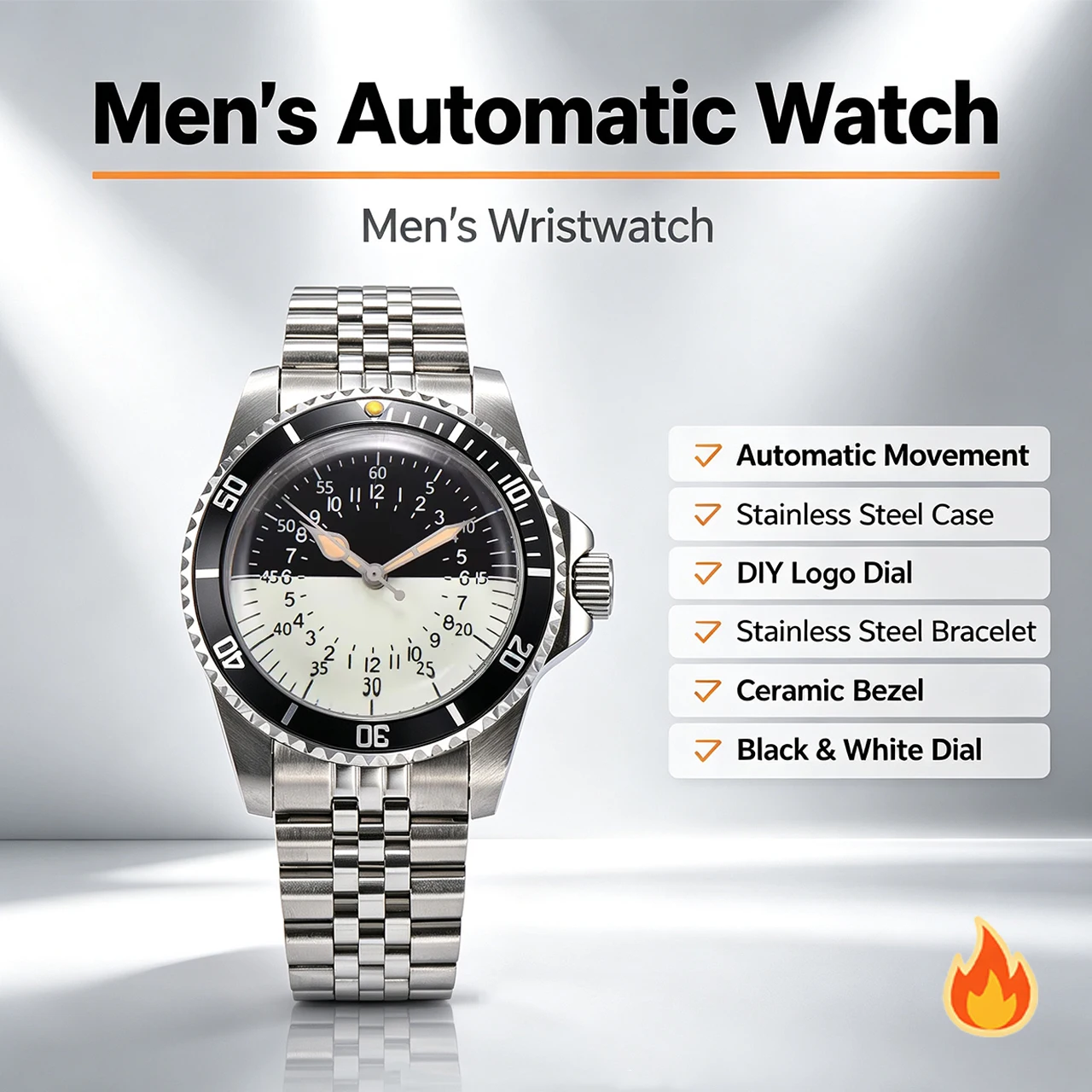 NH35 Best Seller 39.5mm Vintage Men's Watch, Black White Dial Custom Logo Stainless Steel Case Waterproof, Classic Daily Watch