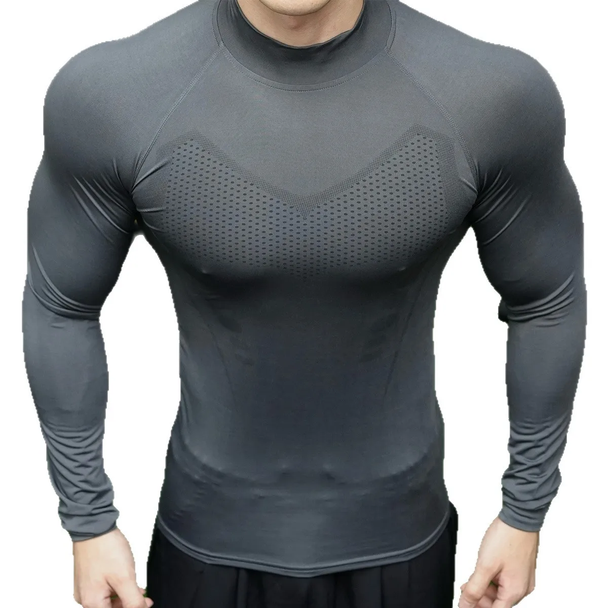 Spring and Autumn High Elastic Fitness Wear Men's Stand-Up Collar Body-Fitting Muscle-Defining Long Sleeve Top